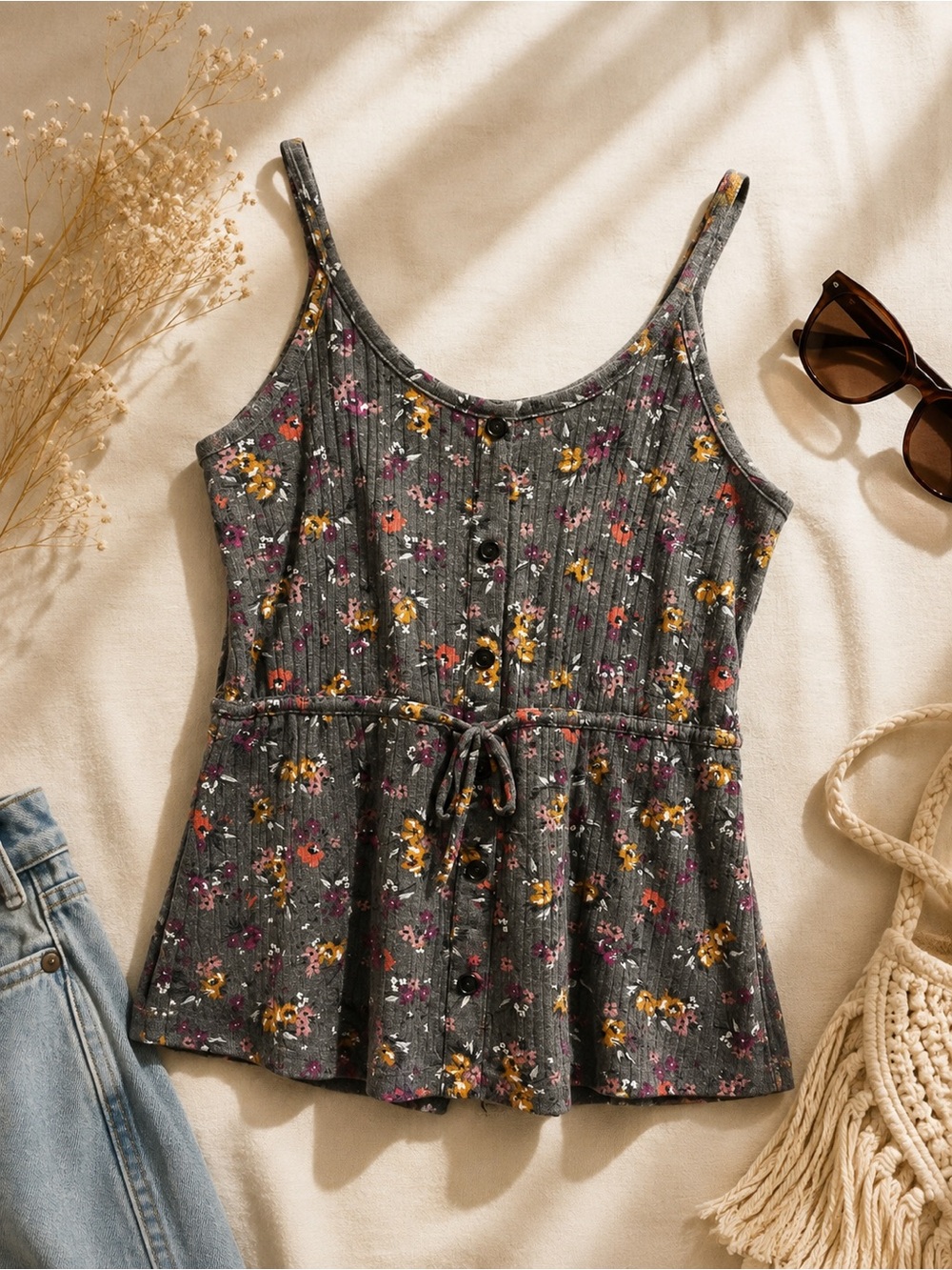Maurices Gray Floral Ribbed Camisole with Tie Waist - Picture 2 of 9